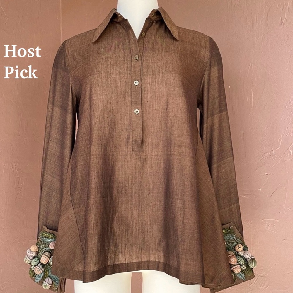 swgt Brown Silk Acorn Shirt Blouse Size M 8 20 Silk Handwoven Designer Career